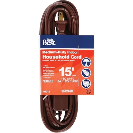 All-Source SPT-2 Extension Cord, 16 AWG, Indoor, 16/2, 3 Outlets, Brown, 15 ft IN-PT2162-15X-BR